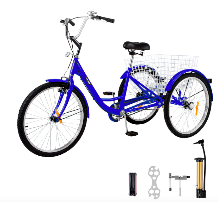 Triciclo para Adultos de 1 Velocidad y 3 Ruedas Bicicleta de Bicicleta Azul Triciclo de 24 con Canasta Grande para Montar VEVOR RWE2145